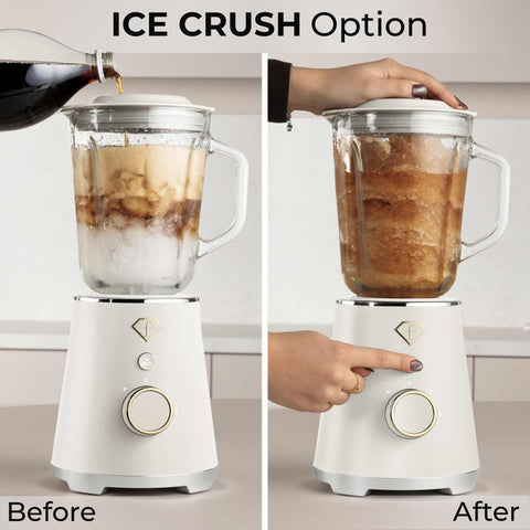 Product image of Table blender with 1,5L GLASS jar 1000W. Part of the MATTE CREAM- GOLD . Features: • Material: plastic, glass • Power: 1000 W • Voltage: 220-240V, 50-60 Hz • 1,5 L glass jar • Length of power cord: 80 cm • Color: cream- gold. (Studio view). Official Berlinger Haus product, boosted by Promintra sl.