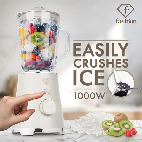 Product image of Table blender with 1,5L GLASS jar 1000W. Part of the MATTE CREAM- GOLD . Features: • Material: plastic, glass • Power: 1000 W • Voltage: 220-240V, 50-60 Hz • 1,5 L glass jar • Length of power cord: 80 cm • Color: cream- gold. (Studio view). Official Berlinger Haus product, boosted by Promintra sl.