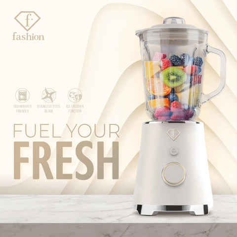 Product image of Table blender with 1,5L GLASS jar 1000W. Part of the MATTE CREAM- GOLD . Features: • Material: plastic, glass • Power: 1000 W • Voltage: 220-240V, 50-60 Hz • 1,5 L glass jar • Length of power cord: 80 cm • Color: cream- gold. (Studio view). Official Berlinger Haus product, boosted by Promintra sl.