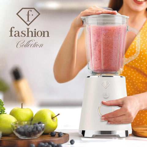 Product image of Table blender with 1,5L GLASS jar 1000W. Part of the MATTE CREAM- GOLD . Features: • Material: plastic, glass • Power: 1000 W • Voltage: 220-240V, 50-60 Hz • 1,5 L glass jar • Length of power cord: 80 cm • Color: cream- gold. (Studio view). Official Berlinger Haus product, boosted by Promintra sl.