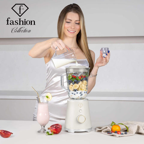 Product image of Table blender with 1,5L GLASS jar 1000W. Part of the MATTE CREAM- GOLD . Features: • Material: plastic, glass • Power: 1000 W • Voltage: 220-240V, 50-60 Hz • 1,5 L glass jar • Length of power cord: 80 cm • Color: cream- gold. (Studio view). Official Berlinger Haus product, boosted by Promintra sl.