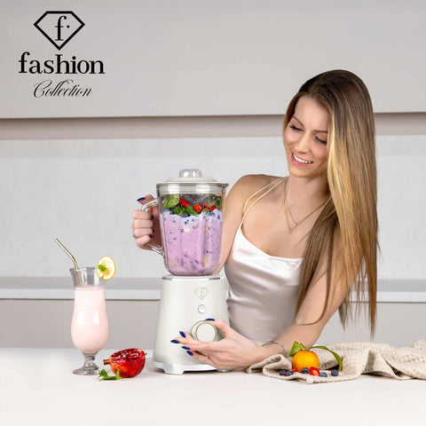 Product image of Table blender with 1,5L GLASS jar 1000W. Part of the MATTE CREAM- GOLD . Features: • Material: plastic, glass • Power: 1000 W • Voltage: 220-240V, 50-60 Hz • 1,5 L glass jar • Length of power cord: 80 cm • Color: cream- gold. (Studio view). Official Berlinger Haus product, boosted by Promintra sl.