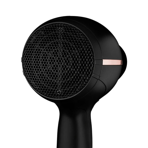 Product image of Professional hair dryer. Part of the MATTE BLACK- ROSE GOLD . Features: • 220-240V, 50-60 Hz, 1950-2300W • Dc motor • Accessories: • Nozzle • Diffuser • Length of power cord: 1,8 m • Color: black- rose gold. (Studio view). Official Berlinger Haus product, boosted by Promintra sl.