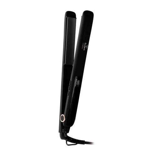 Product image of Hair straightener. Part of the MATTE BLACK- ROSE GOLD . Features: • 220-240V, 50-60 Hz, 50W • Maximum temperature: 210℃ • 25*110 mm heating plate with ceramic coating • Length of power cord: 1,8 m • Color: black- .... (Studio view). Official Berlinger Haus product, boosted by Promintra sl.