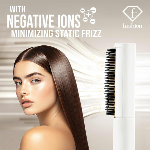 Product image of Mini hair straightening comb. Part of the MATTE CREAM- GOLD . Features: • Aluminium comb with ceramic coating • Maximum temperature: 180℃ • Accessories: • Type C charging cable • Travel bag • Charging time: 3 hours • Us.... (Lifestyle view). Official Berlinger Haus product, boosted by Promintra sl.