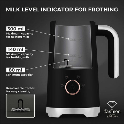 Product image of Milk frother. Part of the MATTE BLACK- ROSE GOLD . Features: • Material: stainless steel, plastic • Capacity for heating: 300 ml • Capacity for foaming: 160 ml • Voltage: 220-240V, 50/60Hz • Power: 400W • 2 p.... (Studio view). Official Berlinger Haus product, boosted by Promintra sl.