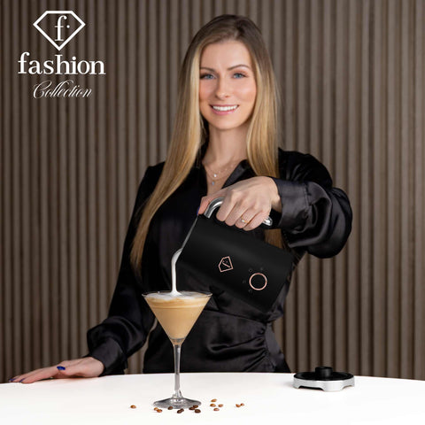 Product image of Milk frother. Part of the MATTE BLACK- ROSE GOLD . Features: • Material: stainless steel, plastic • Capacity for heating: 300 ml • Capacity for foaming: 160 ml • Voltage: 220-240V, 50/60Hz • Power: 400W • 2 p.... (Studio view). Official Berlinger Haus product, boosted by Promintra sl.