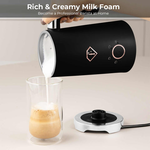Product image of Milk frother. Part of the MATTE BLACK- ROSE GOLD . Features: • Material: stainless steel, plastic • Capacity for heating: 300 ml • Capacity for foaming: 160 ml • Voltage: 220-240V, 50/60Hz • Power: 400W • 2 p.... (Studio view). Official Berlinger Haus product, boosted by Promintra sl.