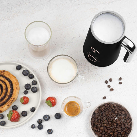 Product image of Milk frother. Part of the MATTE BLACK- ROSE GOLD . Features: • Material: stainless steel, plastic • Capacity for heating: 300 ml • Capacity for foaming: 160 ml • Voltage: 220-240V, 50/60Hz • Power: 400W • 2 p.... (Studio view). Official Berlinger Haus product, boosted by Promintra sl.