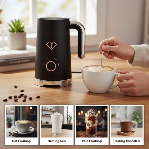 Product image of Milk frother. Part of the MATTE BLACK- ROSE GOLD . Features: • Material: stainless steel, plastic • Capacity for heating: 300 ml • Capacity for foaming: 160 ml • Voltage: 220-240V, 50/60Hz • Power: 400W • 2 p.... (Studio view). Official Berlinger Haus product, boosted by Promintra sl.