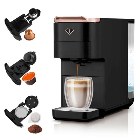  Cafetera de cápsulas 4 en 1 FTV-0157, color negro y oro rosa, eléctrica