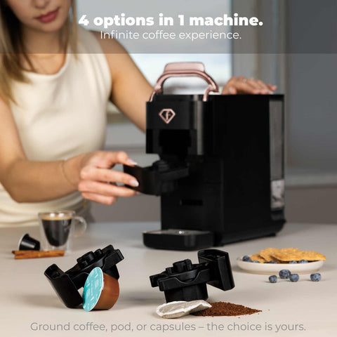  Cafetera de cápsulas 4 en 1 FTV-0157, color negro y oro rosa, eléctrica