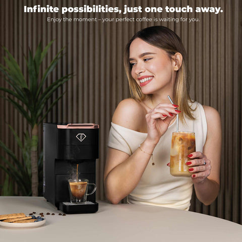  Cafetera de cápsulas 4 en 1 FTV-0157, color negro y oro rosa, eléctrica