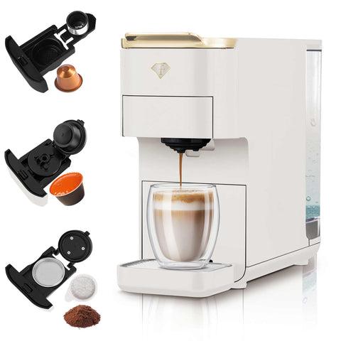 Product image of Capsule coffee maker 4in1. Part of the MATTE CREAM- GOLD . Features: • Voltage: 220-240V, 50/60Hz • Power: 1545W • 1,5L water tank • Detachable tray design • Accessories: • Nespresso small capsules holder • Dolce Gus.... (Studio view). Official Berlinger Haus product, boosted by Promintra sl.