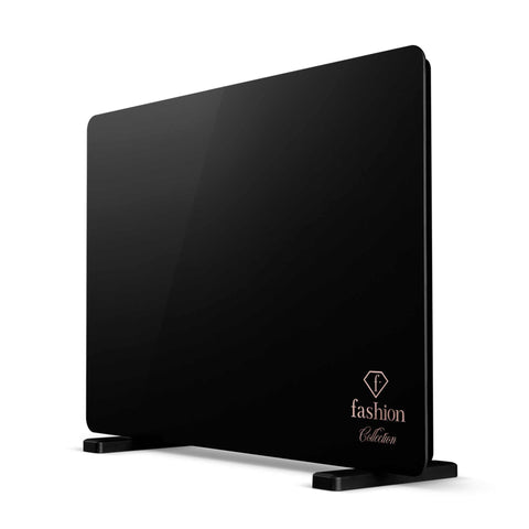 Product image of Electric glass panel heater. Part of the MATTE BLACK- ROSE GOLD . Features: • 230-240V, 50/60 Hz, 1400 W • Tempered glass with safety sheet • Size: 64.5*6.6*43 cm (without feet) • Temperature control: 5-35℃ • Length of powe.... (Studio view). Official Berlinger Haus product, boosted by Promintra sl.