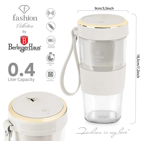Product image of Mini blender with USB. Part of the MATTE CREAM- GOLD . Features: • Material: stainless steel, plastic • Power: 60 W • Rechargeable double battery -> higher performance • 400 ml bottle • Accessory: • Type C chargi.... (Conceptual view). Official Berlinger Haus product, boosted by Promintra sl.