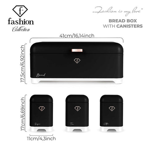 FTV-0180, Caixa de pa amb joc de 3 recipients, Negre Or Rosa, caixa de pa amb joc de recipients, joc de recipients, recipients de cuina, contenidors d'emmagatzematge, caixa de pa, panera