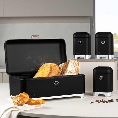 Product image of Bread box with 3pcs canister set. Part of the MATTE BLACK- ROSE GOLD . Features: • Material: iron with matt powder coating • Include: • Bread box 42,5*22,5*18,5 cm • Sugar canister Ø11,5*18,5 cm • Tea canister Ø11,5*18,5 cm • Co.... (Studio view). Official Berlinger Haus product, boosted by Promintra sl.
