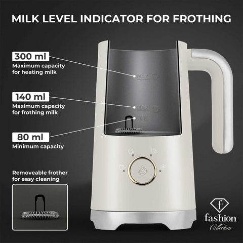Product image of Milk frother. Part of the MATTE CREAM- GOLD . Features: • Material: stainless steel, plastic • Capacity for heating: 300 ml • Capacity for foaming: 160 ml • Voltage: 220-240V,50/ 60Hz • Power: 400W • 2 p.... (Studio view). Official Berlinger Haus product, boosted by Promintra sl.
