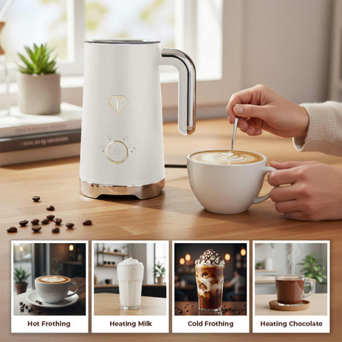Product image of Milk frother. Part of the MATTE CREAM- GOLD . Features: • Material: stainless steel, plastic • Capacity for heating: 300 ml • Capacity for foaming: 160 ml • Voltage: 220-240V,50/ 60Hz • Power: 400W • 2 p.... (Studio view). Official Berlinger Haus product, boosted by Promintra sl.