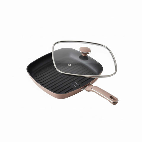 KI-1024, Sartén para parrilla con tapa de 28 cm, Oro rosa, Sartén para parrilla de 28 cm con tapa, Sartén, Sartén para freír, Sartén para parrilla, Sartén para parrilla con tapa, Batería de cocina, Cocina
