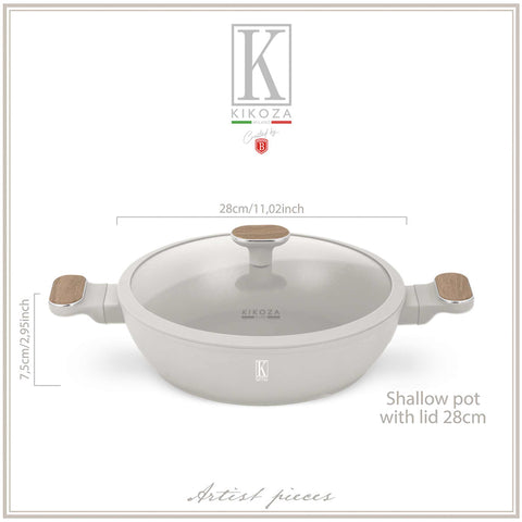 Product image of Shallow pot with lid 28cm. Part of the Kikoza Milano Collection . Features: • Material: forged aluminum with non-stick titanPro coating • Shallow pot with lid Ø28*7,5 cm 3,8L • Color: matt cream, wooden REGISTERED DESIGN BY.... (Studio view). Official Berlinger Haus product, boosted by Promintra sl.