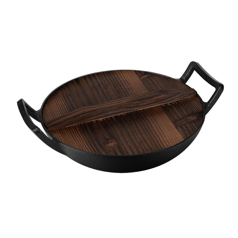 Wok con tapa de madera, hierro fundido, utensilios de cocina, cocinar, picnic, hierro fundido, wok de 30 cm con tapa, negro, BH/6537, LP-BH-190