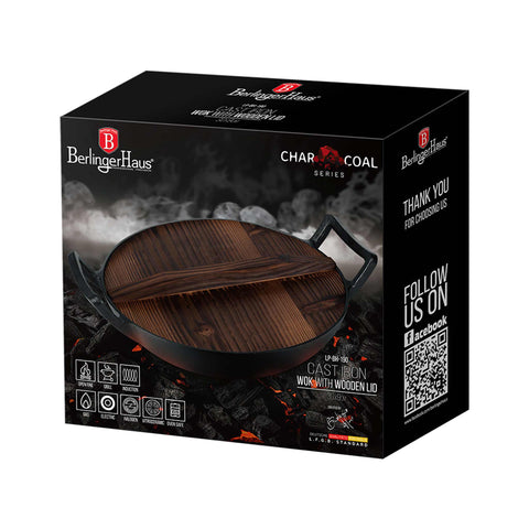 Wok con tapa de madera, hierro fundido, utensilios de cocina, cocinar, picnic, hierro fundido, wok de 30 cm con tapa, negro, BH/6537, LP-BH-190