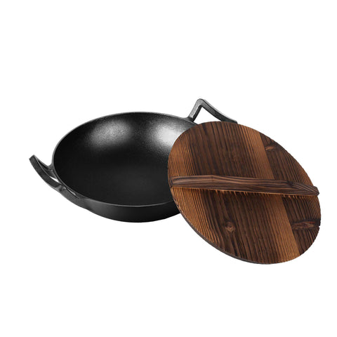 Wok con tapa de madera, hierro fundido, utensilios de cocina, cocinar, picnic, hierro fundido, wok de 30 cm con tapa, negro, BH/6537, LP-BH-190