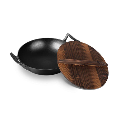 BH/6537, LP-BH-190, Wok con tapa de madera 30cm hierro fundido, negro, wok 30 cm con tapa, hierro fundido, wok con tapa de madera, hierro fundido, utensilios de cocina, cocinar, picnic