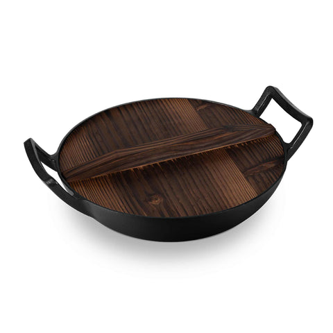 BH/6537, LP-BH-190, Wok with wooden lid 30cm cast iron, black, 30 cm wok with lid, cast iron, wok with wooden lid, cast iron, cookware, cooking, picnic