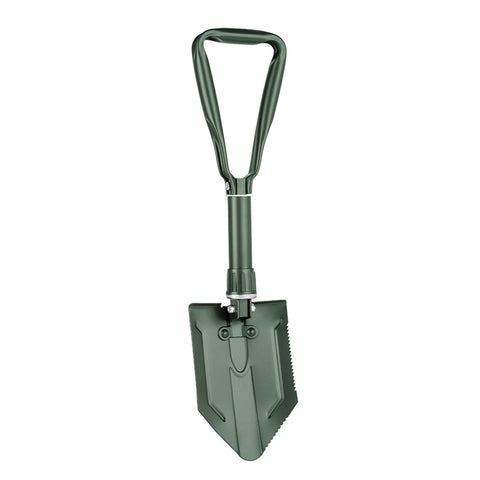 Product image of Foldable camping shovel. Part of the outdoor . Features: • Material: carbon steel • Opened size: 58*15 cm • Folded size: 24,5*15 cm • Belt case • Color: green. (Studio view). Official Berlinger Haus product, boosted by Promintra sl.