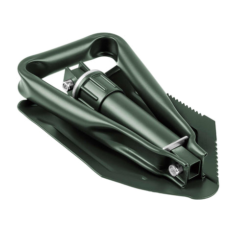 Product image of Foldable camping shovel. Part of the outdoor . Features: • Material: carbon steel • Opened size: 58*15 cm • Folded size: 24,5*15 cm • Belt case • Color: green. (Studio view). Official Berlinger Haus product, boosted by Promintra sl.