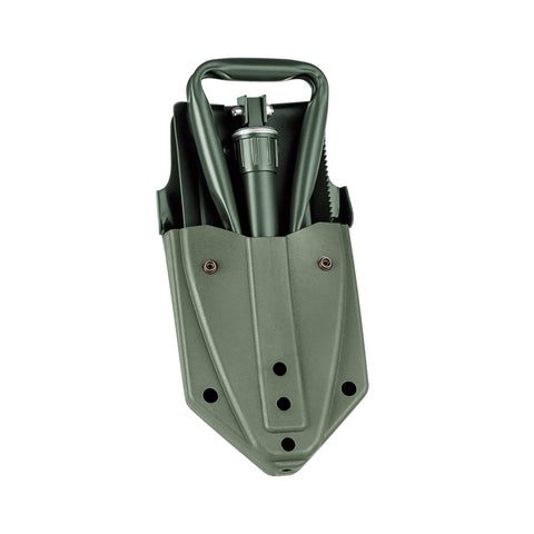 Product image of Foldable camping shovel. Part of the outdoor . Features: • Material: carbon steel • Opened size: 58*15 cm • Folded size: 24,5*15 cm • Belt case • Color: green. (Studio view). Official Berlinger Haus product, boosted by Promintra sl.