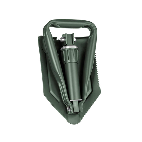 Product image of Foldable camping shovel. Part of the outdoor . Features: • Material: carbon steel • Opened size: 58*15 cm • Folded size: 24,5*15 cm • Belt case • Color: green. (Studio view). Official Berlinger Haus product, boosted by Promintra sl.