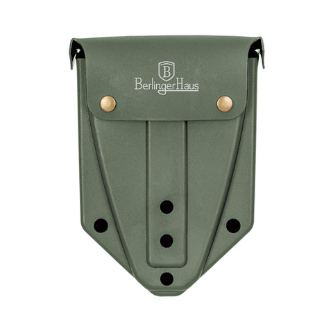 Product image of Foldable camping shovel. Part of the outdoor . Features: • Material: carbon steel • Opened size: 58*15 cm • Folded size: 24,5*15 cm • Belt case • Color: green. (Studio view). Official Berlinger Haus product, boosted by Promintra sl.