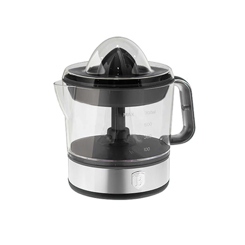 Product image of Electric citrus juicer. Part of the Black Vantage Collection/Matte Black Collection/Black Silver Collection . Features: • Material: plastic, stainless steel • 220-240V/230VAC 50Hz 40W • Capacity: 0,7 L • Color: black. (Studio view). Official Berlinger Haus product, boosted by Promintra sl.