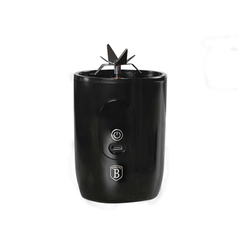 Product image of Blender with USB. Part of the Black Vantage Collection/Matte Black Collection/Black Silver Collection . Features: • Material: stainless steel, plastic • Power: 120-130 W 7,4 V • Batteries: 1500mAh*2 pcs • Charging with USB cable • Color: black. (Studio view). Official Berlinger Haus product, boosted by Promintra sl.