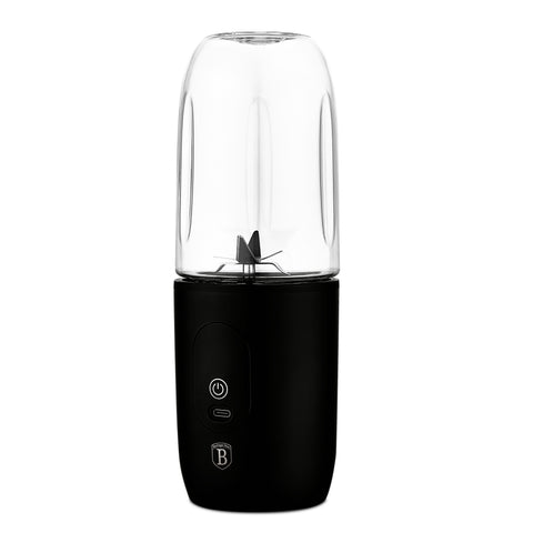 Product image of Blender with USB. Part of the Black Vantage Collection/Matte Black Collection/Black Silver Collection . Features: • Material: stainless steel, plastic • Power: 120-130 W 7,4 V • Batteries: 1500mAh*2 pcs • Charging with USB cable • Color: black. (Studio view). Official Berlinger Haus product, boosted by Promintra sl.