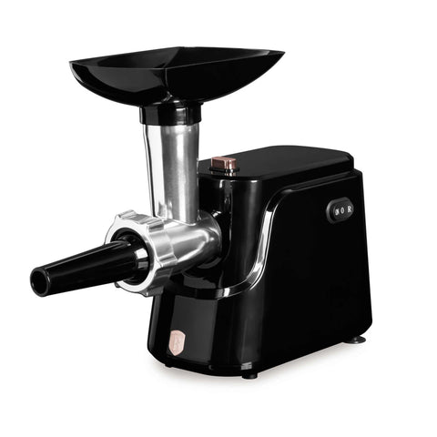 Product image of Electric meat grinder. Part of the Black Rose Collection . Features: • Material: aluminum • 220-240V, 50/60Hz, 1000 W • Accessories: • 2 sizes of round iron grinding plates and cross blade (5 and 7 mm) • Sausage fill.... (Studio view). Official Berlinger Haus product, boosted by Promintra sl.