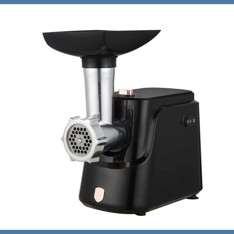 Product image of Electric meat grinder. Part of the Black Rose Collection . Features: • Material: aluminum • 220-240V, 50/60Hz, 1000 W • Accessories: • 2 sizes of round iron grinding plates and cross blade (5 and 7 mm) • Sausage fill.... (Studio view). Official Berlinger Haus product, boosted by Promintra sl.
