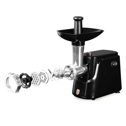 Product image of Electric meat grinder. Part of the Black Rose Collection . Features: • Material: aluminum • 220-240V, 50/60Hz, 1000 W • Accessories: • 2 sizes of round iron grinding plates and cross blade (5 and 7 mm) • Sausage fill.... (Studio view). Official Berlinger Haus product, boosted by Promintra sl.