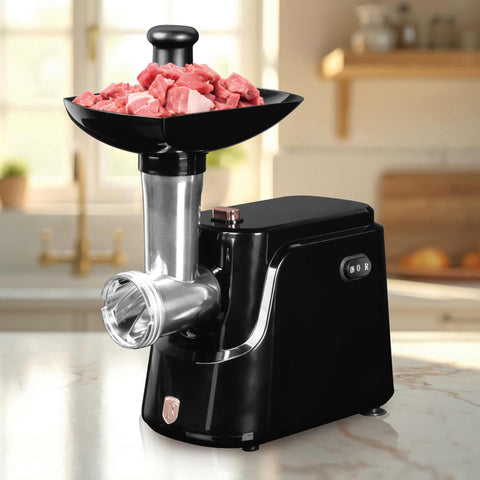 Product image of Electric meat grinder. Part of the Black Rose Collection . Features: • Material: aluminum • 220-240V, 50/60Hz, 1000 W • Accessories: • 2 sizes of round iron grinding plates and cross blade (5 and 7 mm) • Sausage fill.... (Studio view). Official Berlinger Haus product, boosted by Promintra sl.