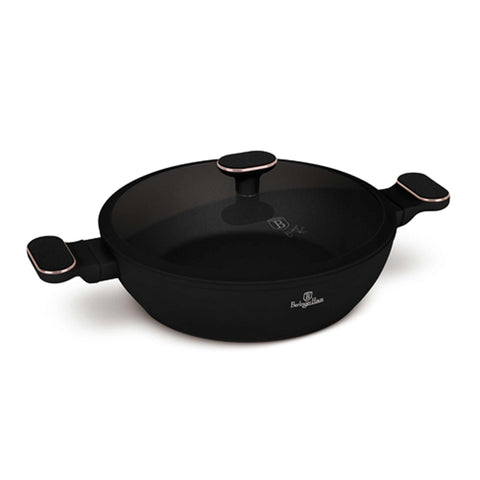 Product image of Shallow pot with lid 28cm. Part of the Black Rose Collection . Features: • Material: forged aluminum with non-stick titanPro coating • Shallow pot with lid Ø28*7,5 cm 3,8L • Color: matt black- rose gold REGISTERED DESIGN.... (Studio view). Official Berlinger Haus product, boosted by Promintra sl.