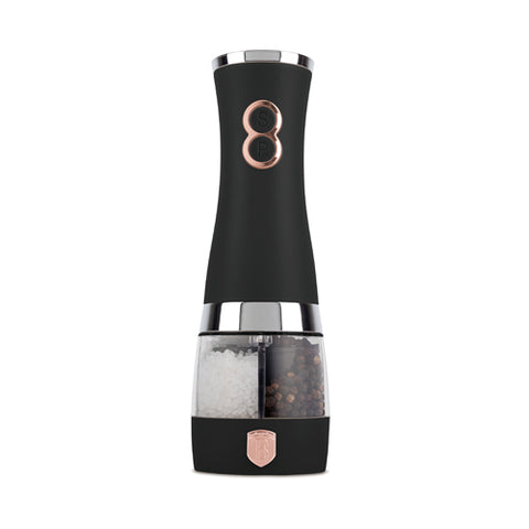 Product image of 2in1 electric pepper and salt mill. Part of the Black Rose Collection . Features: • Material: stainless steel with CERAMIC grinder • Batteries: 4 pcs AA (not inc.) • Color: black- rose gold. (Conceptual view). Official Berlinger Haus product, boosted by Promintra sl.