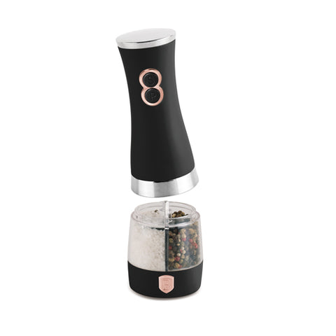 Product image of 2in1 electric pepper and salt mill. Part of the Black Rose Collection . Features: • Material: stainless steel with CERAMIC grinder • Batteries: 4 pcs AA (not inc.) • Color: black- rose gold. (Conceptual view). Official Berlinger Haus product, boosted by Promintra sl.