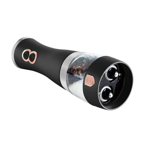 Product image of 2in1 electric pepper and salt mill. Part of the Black Rose Collection . Features: • Material: stainless steel with CERAMIC grinder • Batteries: 4 pcs AA (not inc.) • Color: black- rose gold. (Conceptual view). Official Berlinger Haus product, boosted by Promintra sl.