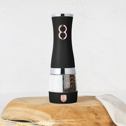 Product image of 2in1 electric pepper and salt mill. Part of the Black Rose Collection . Features: • Material: stainless steel with CERAMIC grinder • Batteries: 4 pcs AA (not inc.) • Color: black- rose gold. (Conceptual view). Official Berlinger Haus product, boosted by Promintra sl.