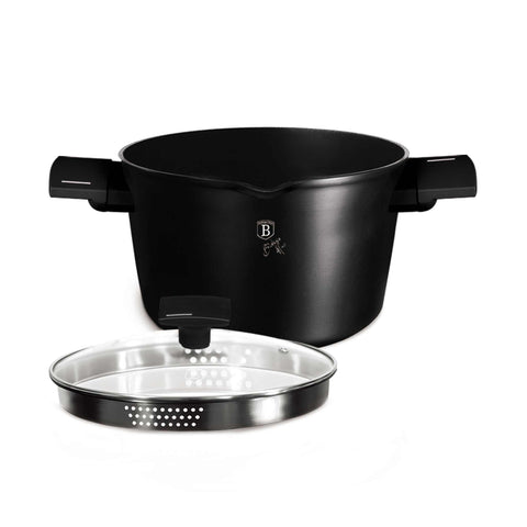 Product image of Pasta and rice pot with lid 24cm. Part of the Matte Black Collection . Features: • Material: forged aluminum with non-stick titanPro coating • Pasta and rice pot with lid Ø24 cm 6L • Color: black- silver REGISTERED DESIGN BY BER.... (Studio view). Official Berlinger Haus product, boosted by Promintra sl.