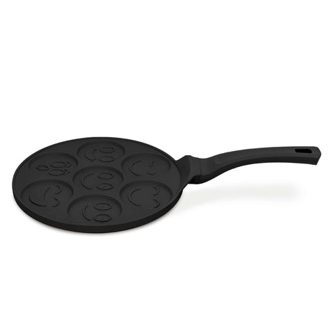Product image of 7holes emoji pancake pan 26cm. Part of the Matte Black Collection/Black Rose Collection . Features: • Material: cast aluminium • Pancake pan Ø26*1,3 cm • Color: matt black. (Studio view). Official Berlinger Haus product, boosted by Promintra sl.